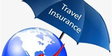 Travel insurance icon with umbrella symbolizing protection.