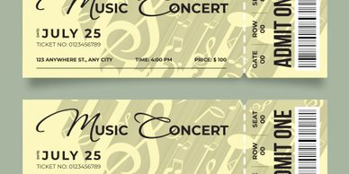 Two elegant music concert tickets for July 25 with admit one labels.