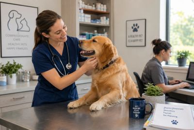 Vet happily examining a golden retriever dog at the clinic.