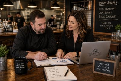 Two colleagues review charts in a cozy café.