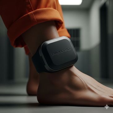Track & Trace ankle monitor worn in a detention corridor, representing modern offender tracking.