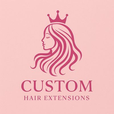 Elegant logo of a crowned woman with flowing hair representing custom hair extensions.