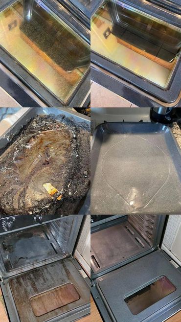 Before & after to the interior of an oven and heavily scorched baking pan.