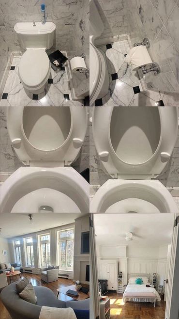 Before & after of a marble bathroom and home. Includes rose toilet paper origami.