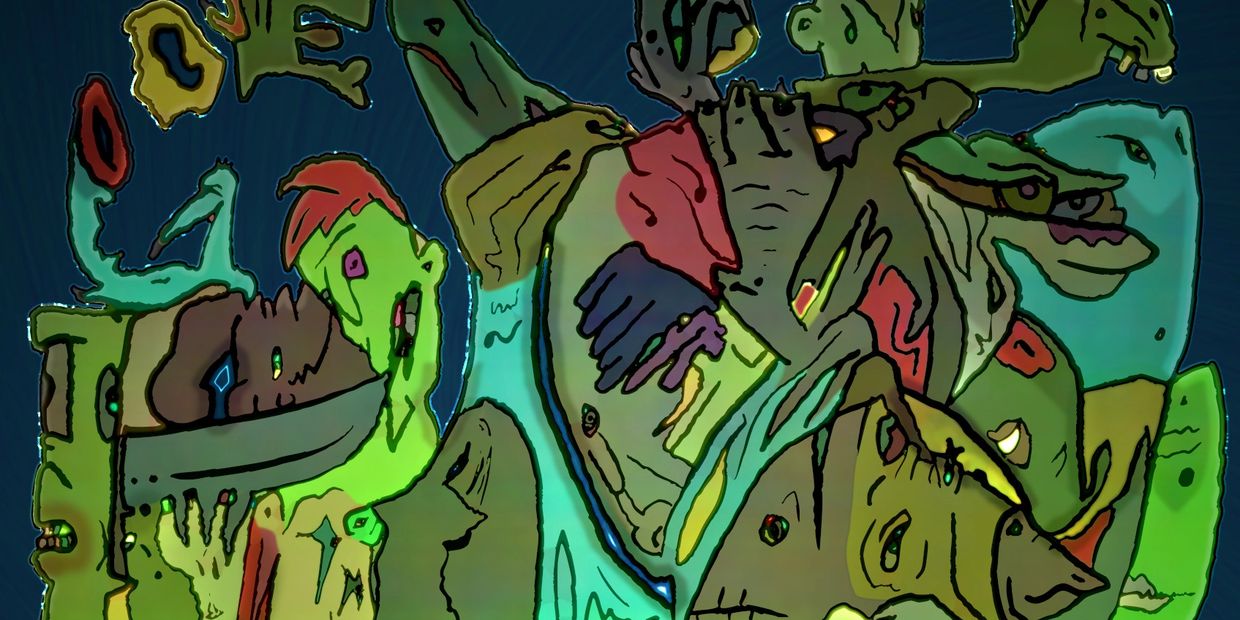 Abstract colorful shapes and faces intertwined in a chaotic pattern.