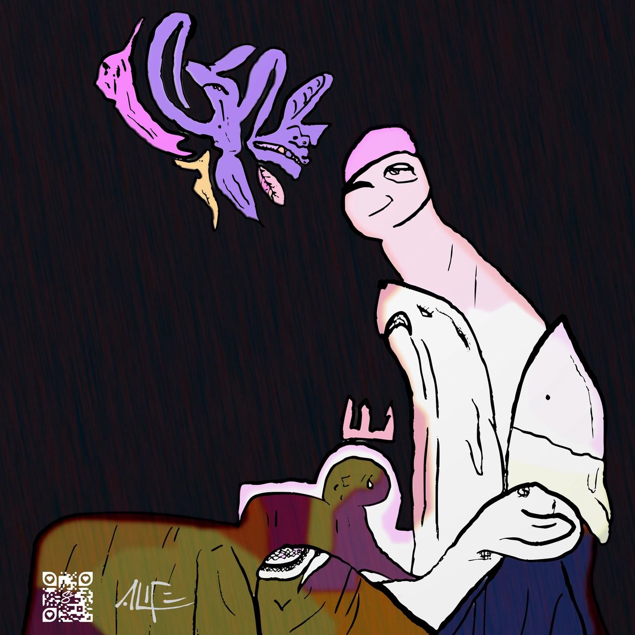 Abstract surreal artwork featuring distorted faces and forms in pink and purple hues.