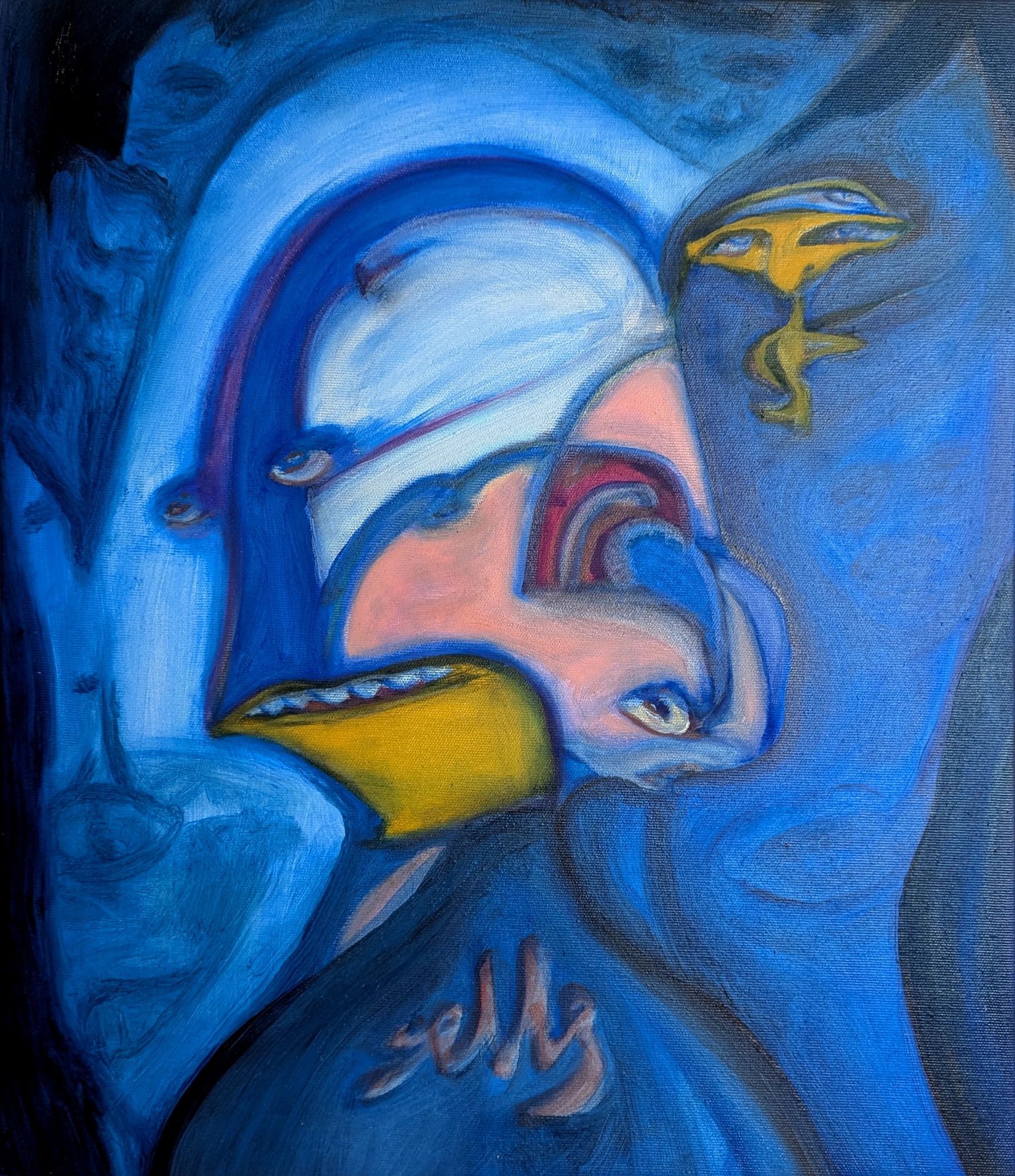 Abstract blue painting with distorted faces and shapes.