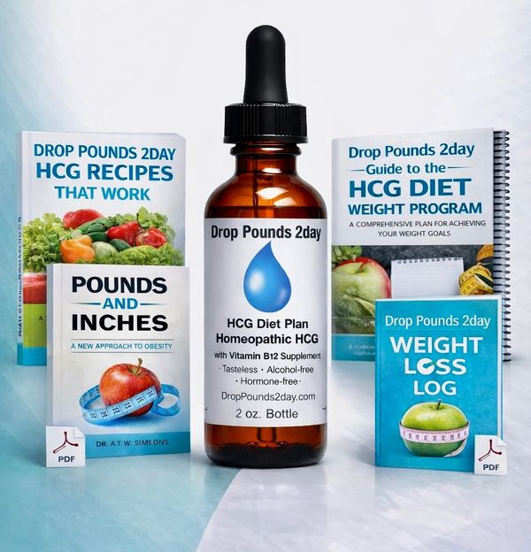 Drop Pounds 2day HCG diet products including a supplement bottle and related guides.