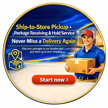 Man holding package promotes ship-to-store pickup service for convenient delivery.