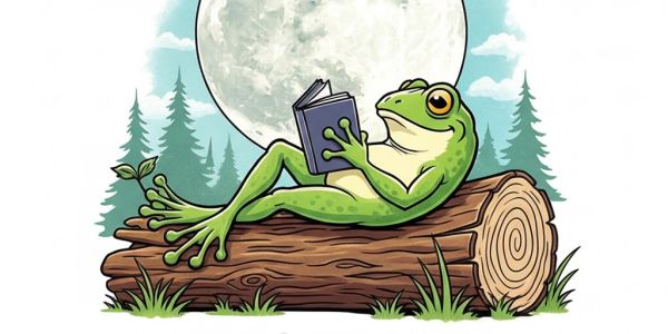 A frog reading a book while relaxing on a log under a full moon.