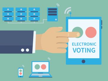 Hand pressing a button on an electronic voting device connected to servers.