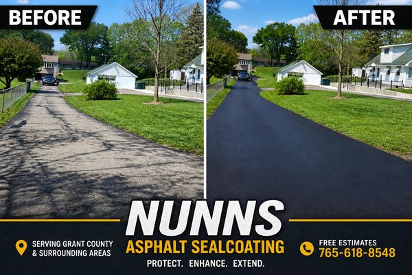 Before and after of an asphalt driveway sealcoating by Nunns Asphalt Sealcoating.