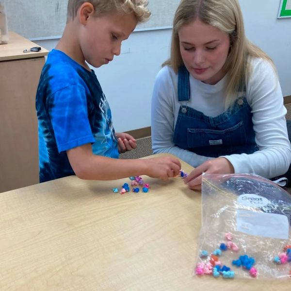 An adult and a child lining up tiny acrylic ducks on a table.