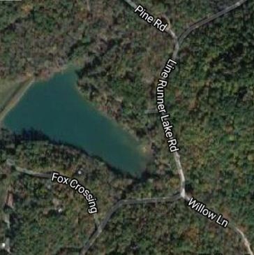 Aerial view of a wooded area with a lake and intersecting roads.