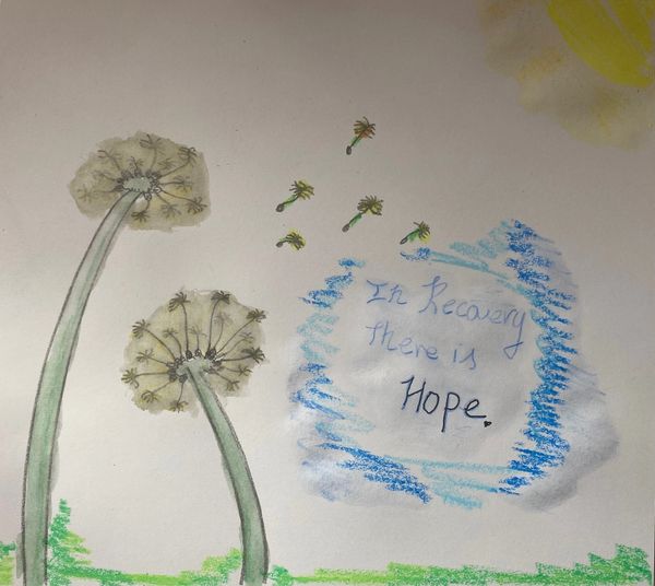 Hand-drawn dandelions with seeds blowing and hopeful recovery message.