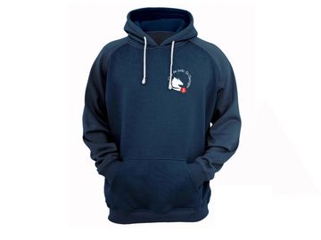 Navy blue hoodie with a small graphic and text on the chest.