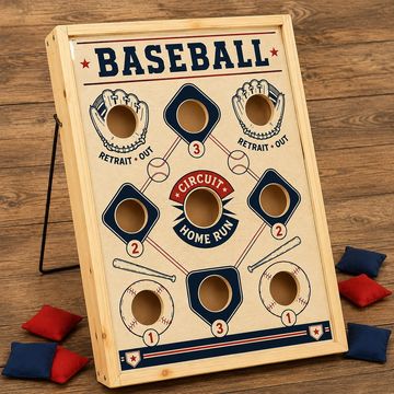 Wooden tabletop baseball game with holes and bean bags.