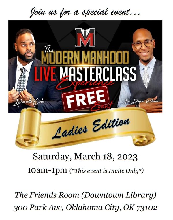 Flyer for a free live masterclass event called The Modern Manhood Ladies Edition.