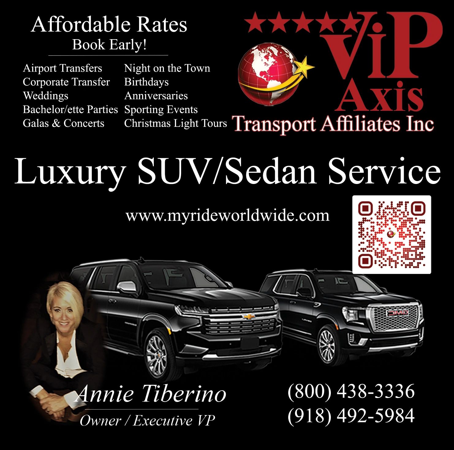 ViP Axis Transport Affiliates Inc.  Luxury SUV/Sedan Service. (918) 492-5984. Book Early!