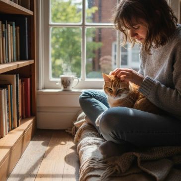 A woman sitting by a window, gently petting her cat.