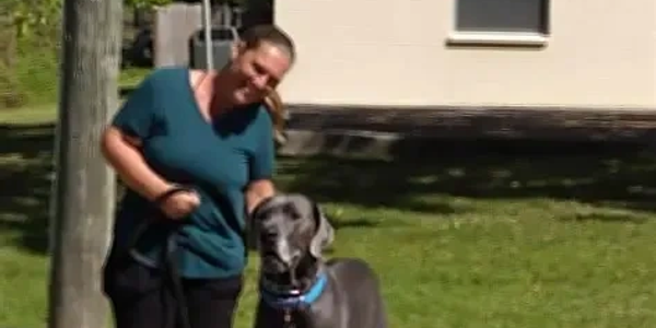 Woman walking a large dog outside on a sunny day.