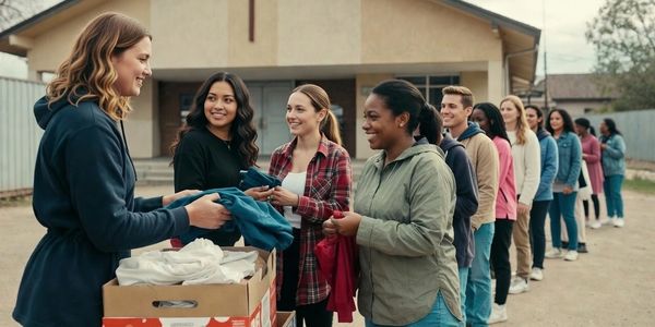 People line up outside a church to receive clothes from a volunteer.