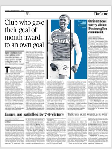 Newspaper article about a football club awarding a goal of the month for an own goal.