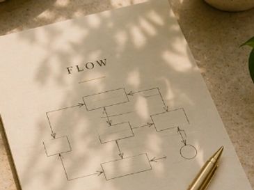 A flowchart diagram on paper with a pen beside it.