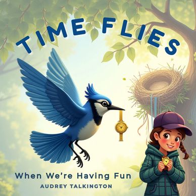 A blue bird holding a watch flies near a girl under the words 'Time Flies'.