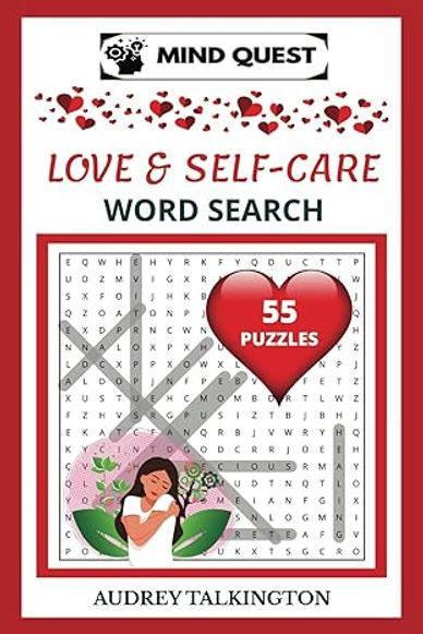 Mind Quest Love &amp; Self-Care Word Search book cover with hearts and puzzles.