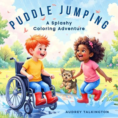Children joyfully jump in puddles, one in a wheelchair, with a playful dog nearby.