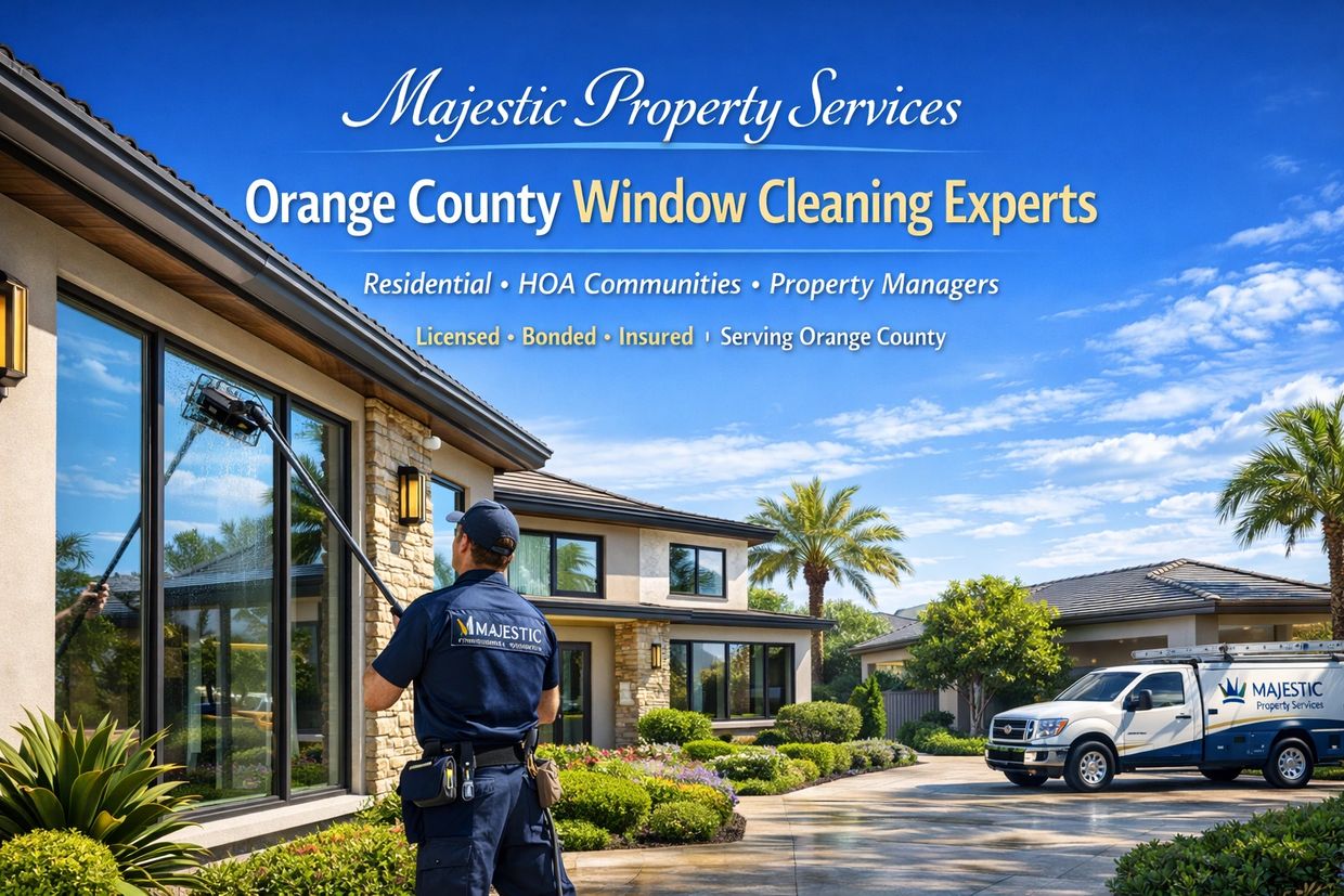 Technician cleaning large windows with a water-fed pole at an Orange County home.