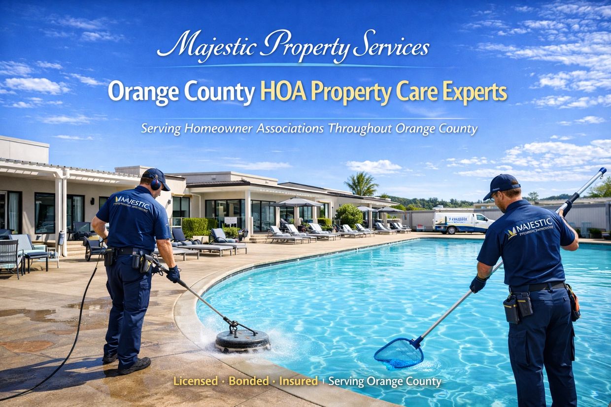 Technicians cleaning a community pool area for HOA maintenance in Orange County.
