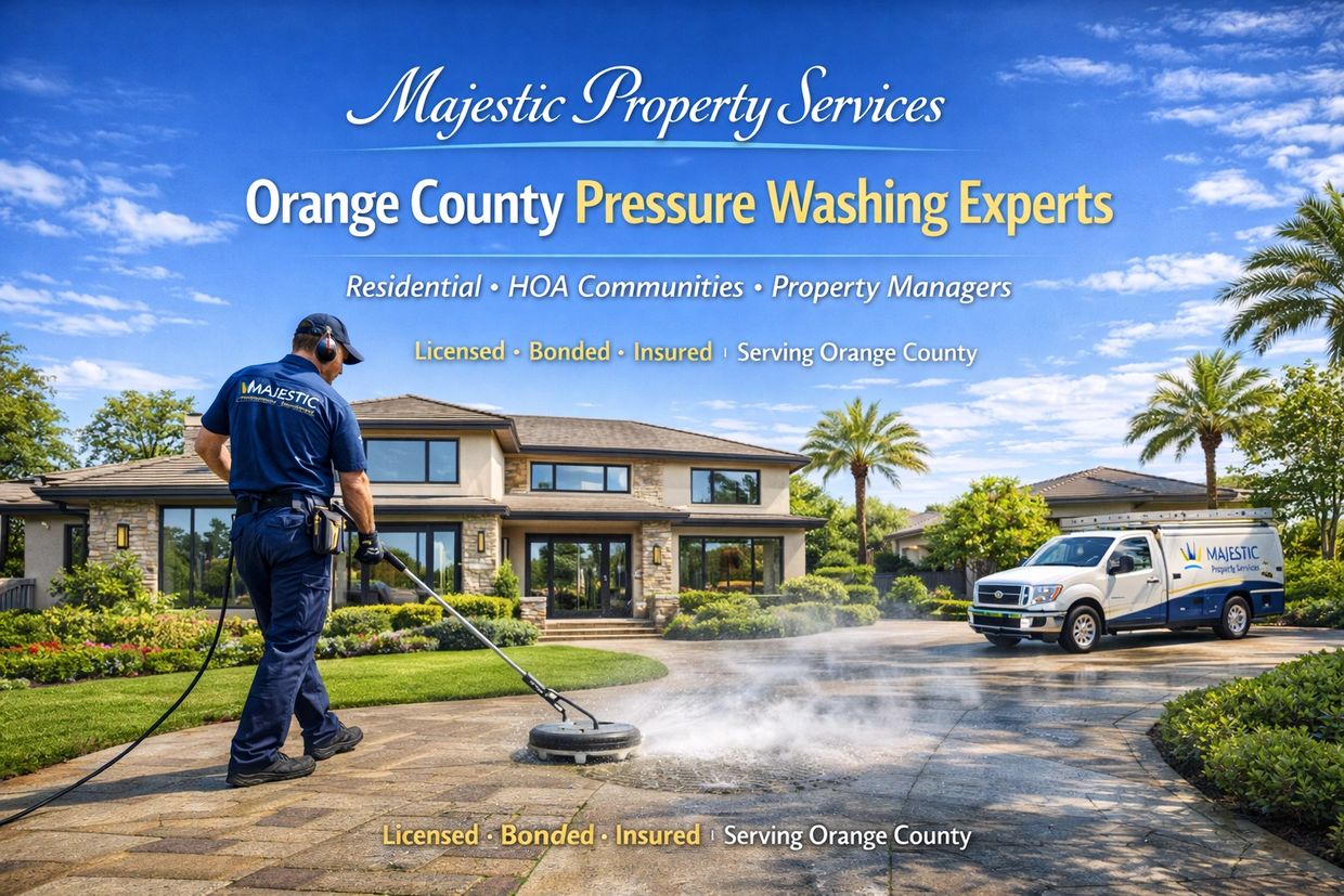 Technician pressure washing a stone walkway at a Southern California home.