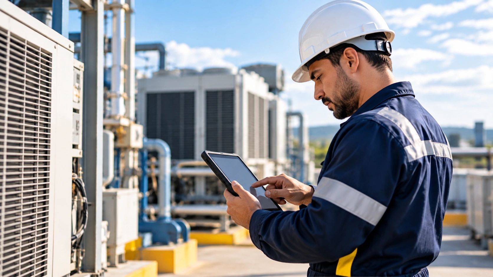 Técnico gestionando operaciones en campo con tablet
