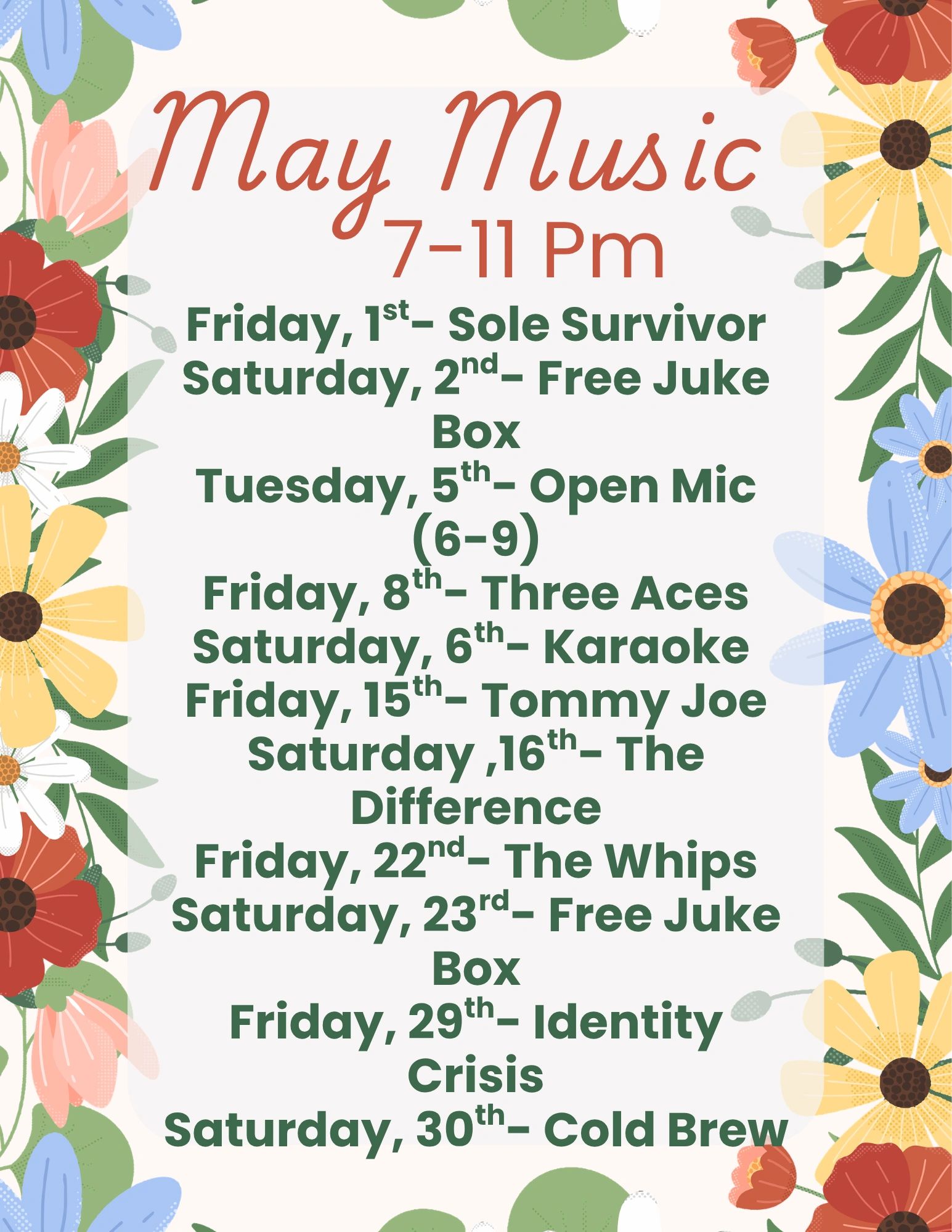 May music events schedule from 7-11 PM with various performers and activities.