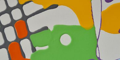 Abstract artwork with green, orange, yellow, and gray shapes on white.