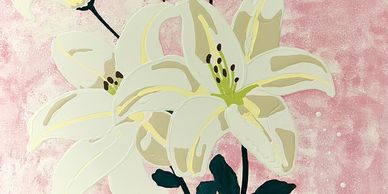 Illustration of white lilies against a pink textured background.