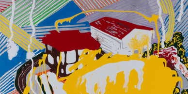 Abstract painting with bright colors, bold lines, and dynamic shapes.