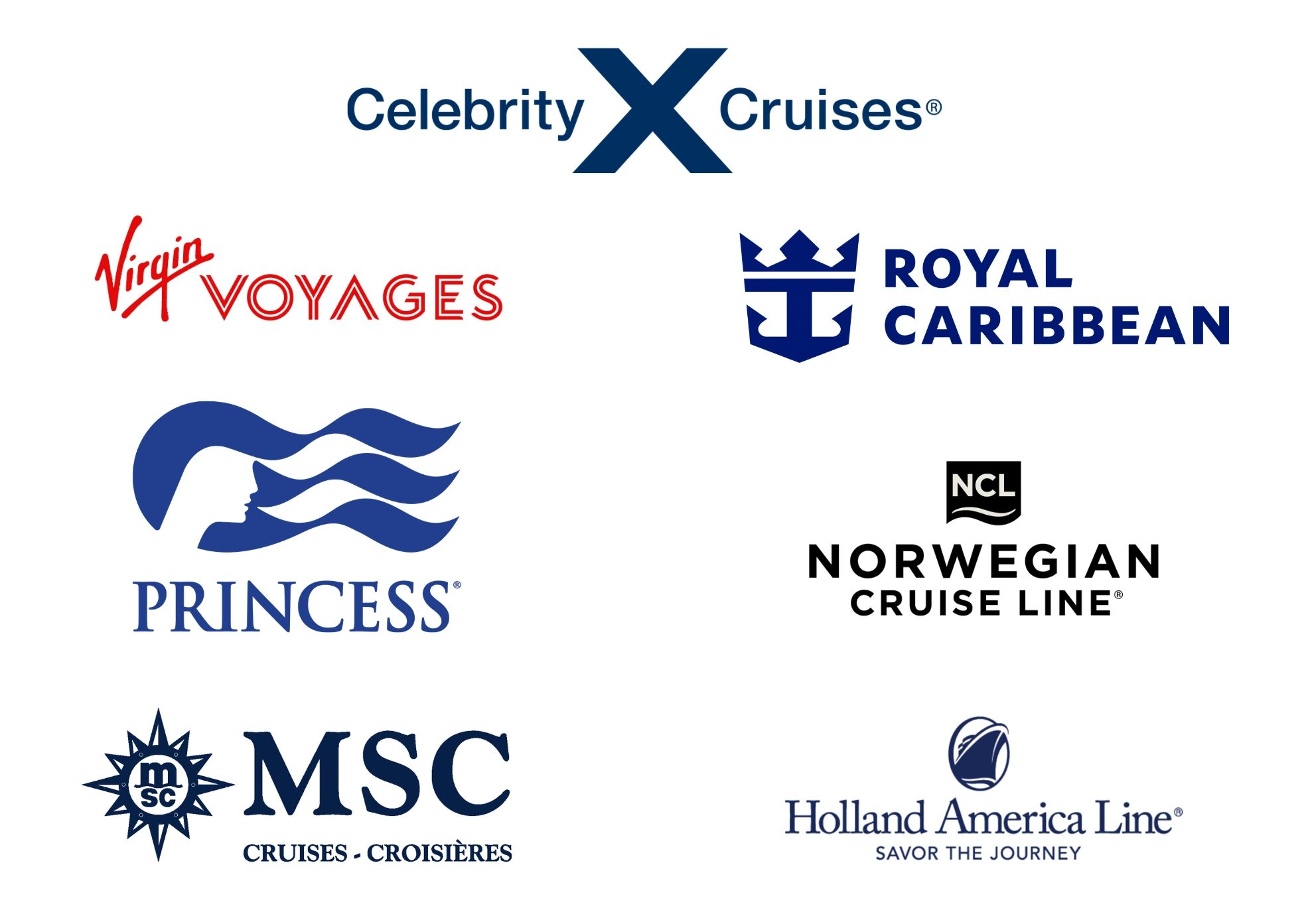 Various cruise line logos including Celebrity, Virgin Voyages, Royal Caribbean, Princess, Norwegian, MSC, and Holland America.