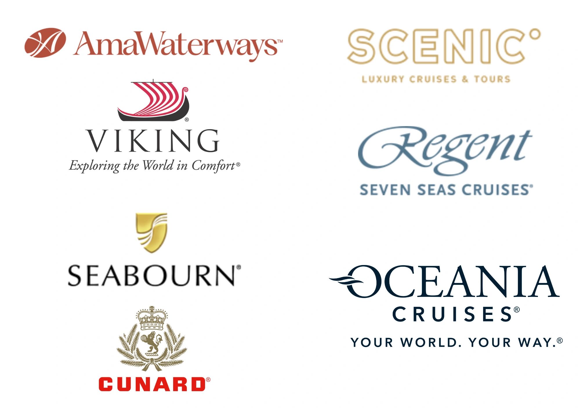 Collage of luxury cruise company logos.