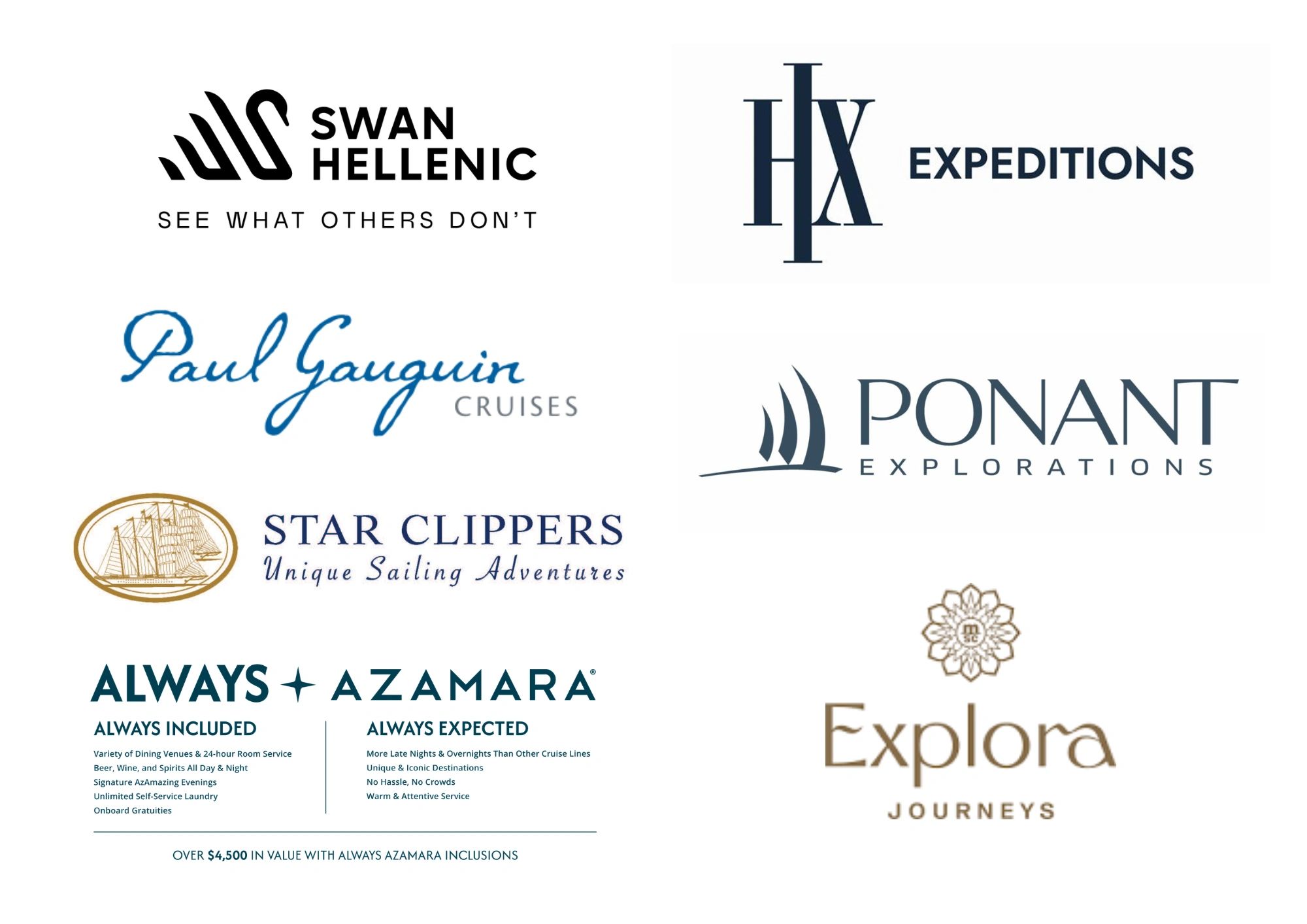 Various luxury cruise line logos displayed on a white background.