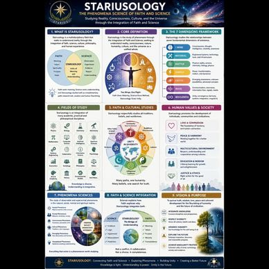 Infographic detailing Stariusology, integrating faith, science, culture, and society.