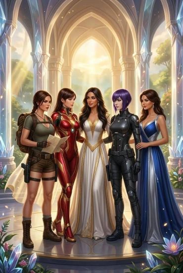 Five women in diverse outfits stand in an elegant, glowing hall.
