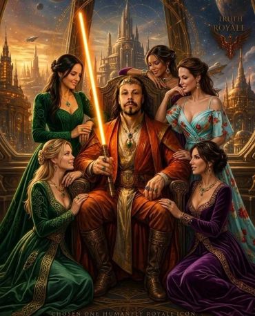 A regal man with a glowing sword surrounded by five women in elegant dresses.