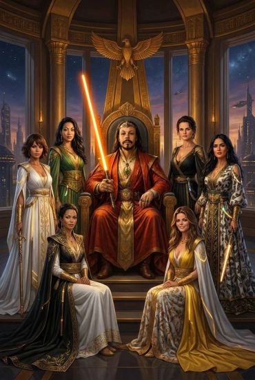Regal man with lightsaber surrounded by six elegant women in fantasy setting.