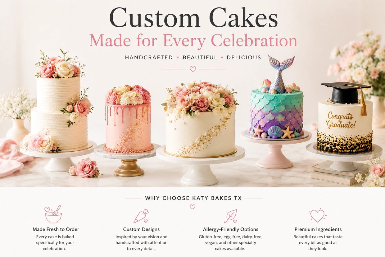 Custom celebration cakes with floral, mermaid, and graduation themes.