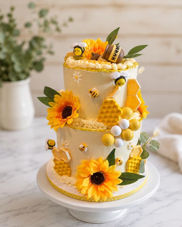 Adorable gluten-free bee-themed cake with sweet floral details and buzzing charm. 🐝🌸