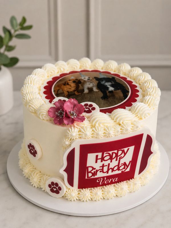Gluten-free birthday cake featuring a custom pet photo and paw prints.