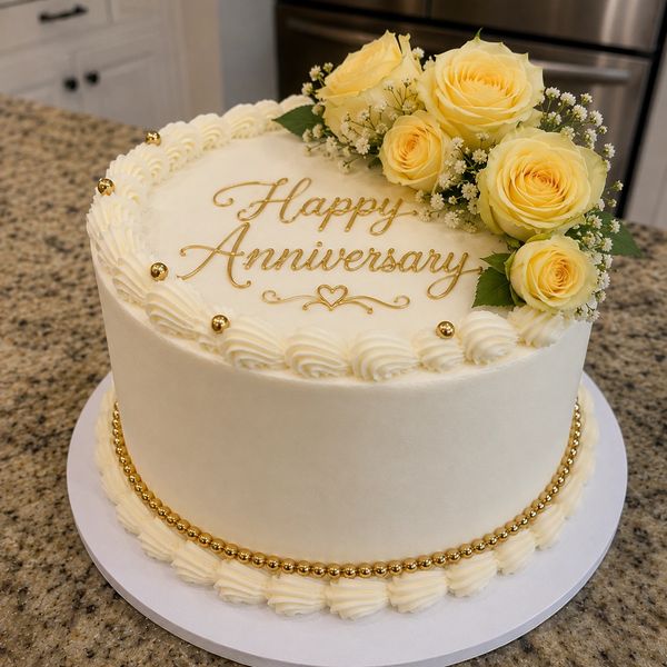 Elegant gluten-free anniversary cake with real yellow roses and gold lettering.